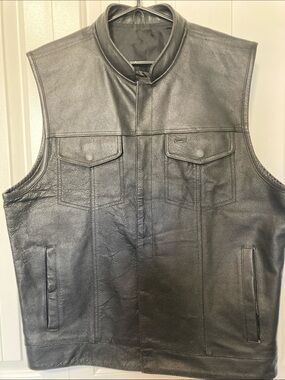 Men's Black Leather Vest with Stand Collar